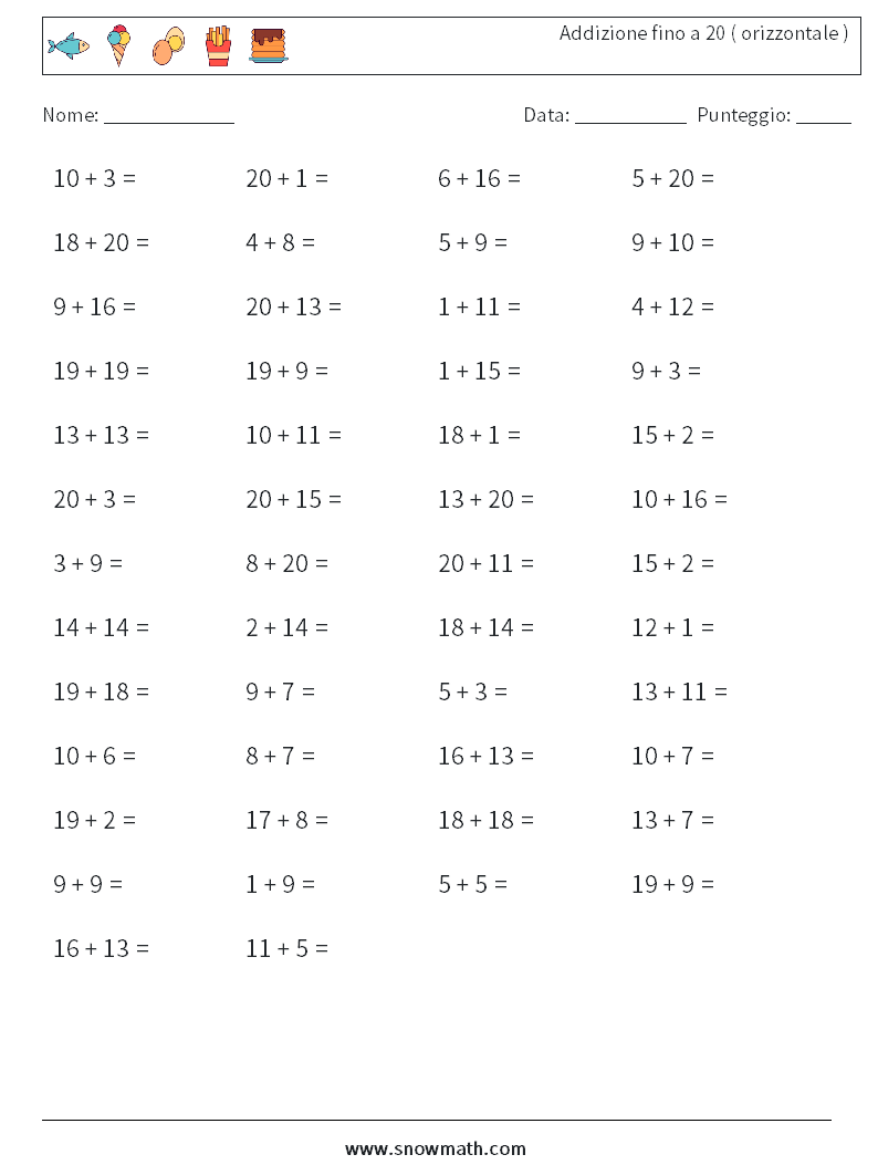 (50) Addizione fino a 20 ( orizzontale ) Fogli di lavoro di matematica 2