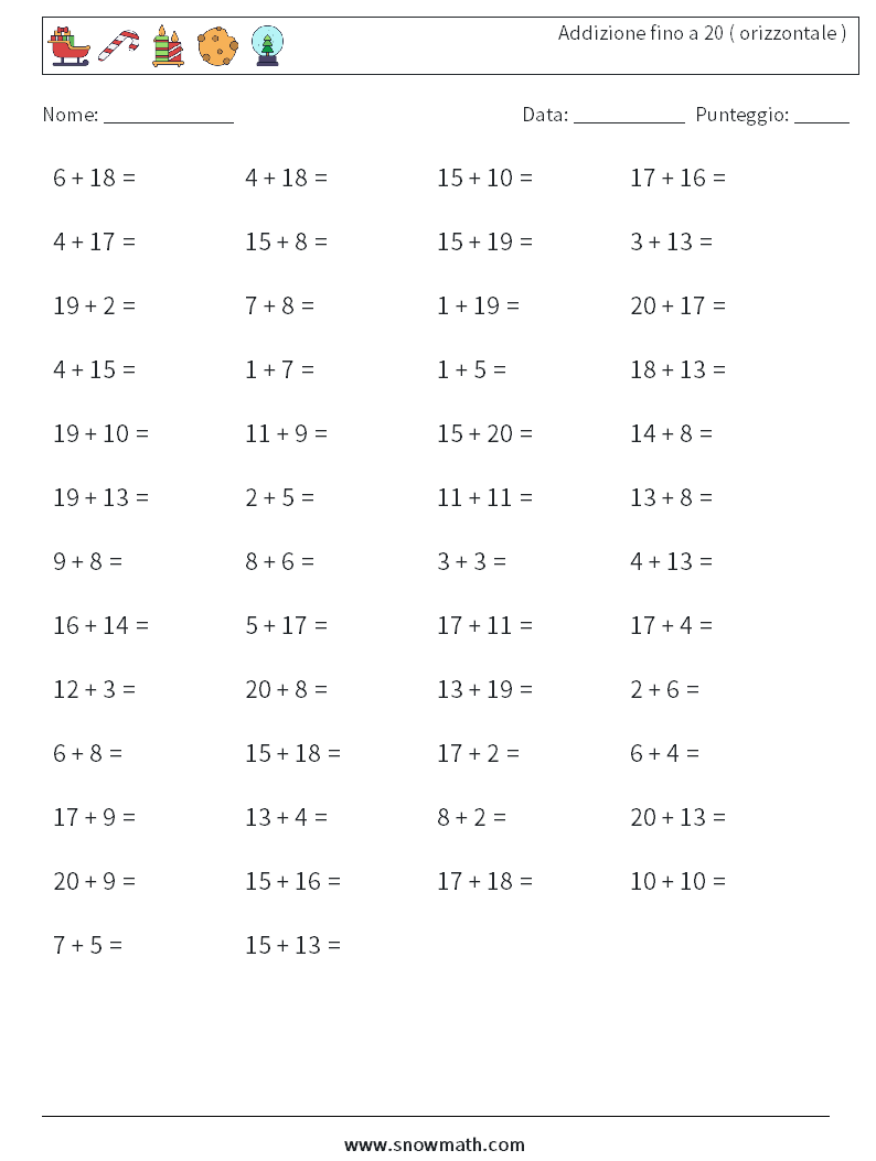 (50) Addizione fino a 20 ( orizzontale ) Fogli di lavoro di matematica 4