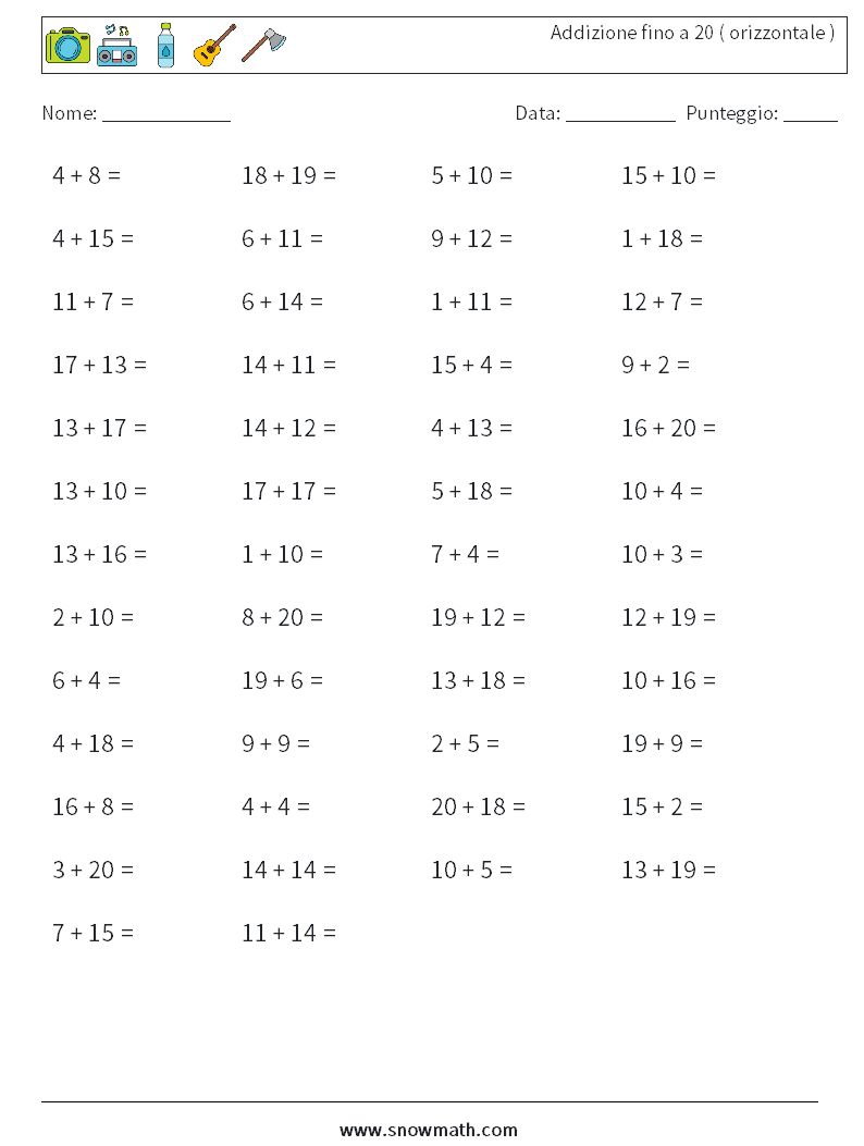 (50) Addizione fino a 20 ( orizzontale ) Fogli di lavoro di matematica 6