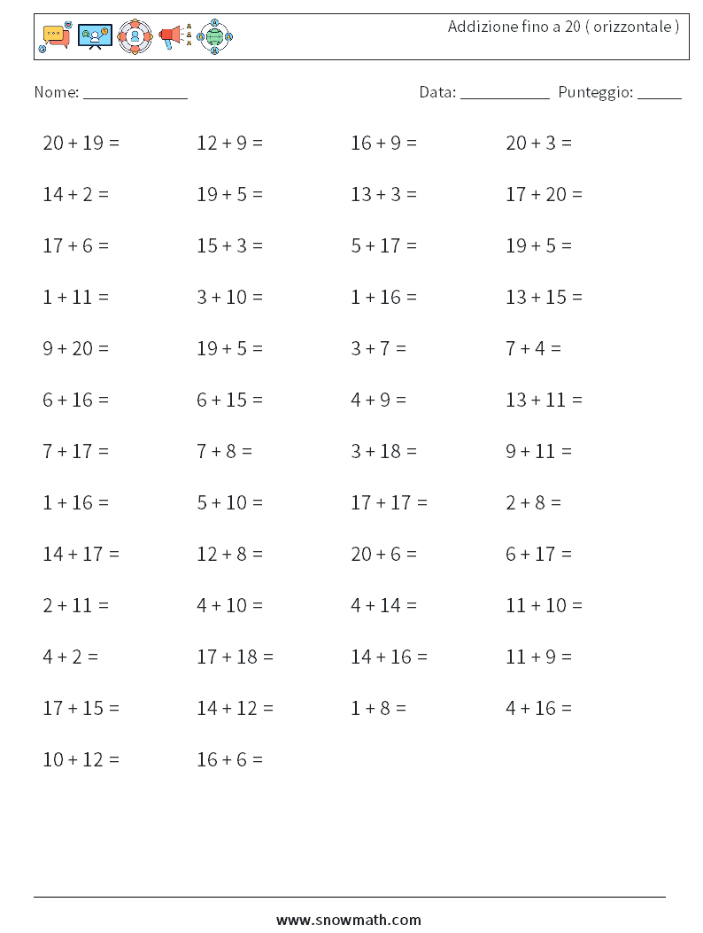 (50) Addizione fino a 20 ( orizzontale ) Fogli di lavoro di matematica 7