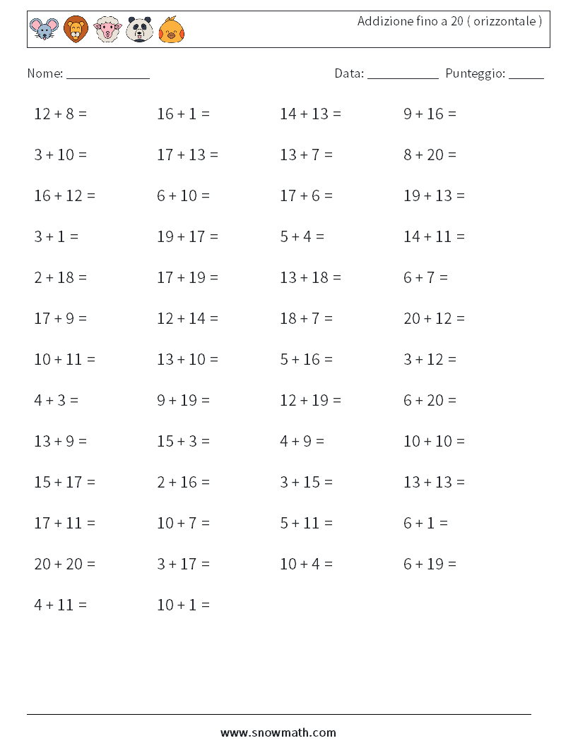 (50) Addizione fino a 20 ( orizzontale ) Fogli di lavoro di matematica 8