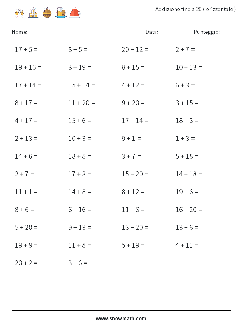 (50) Addizione fino a 20 ( orizzontale ) Fogli di lavoro di matematica 9