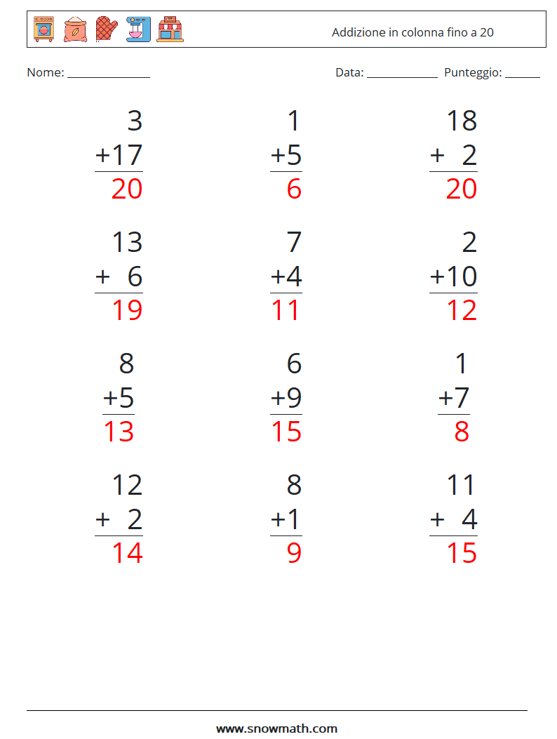 (12) Addizione in colonna fino a 20 Fogli di lavoro di matematica 10 Domanda, Risposta