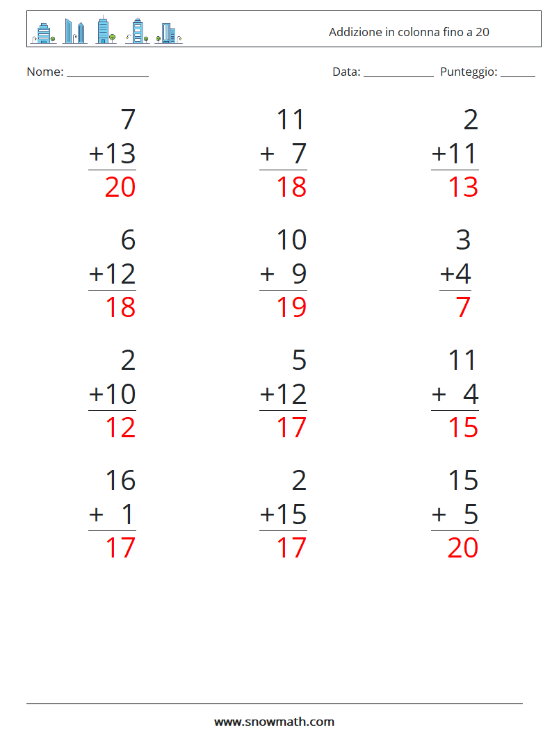 (12) Addizione in colonna fino a 20 Fogli di lavoro di matematica 12 Domanda, Risposta