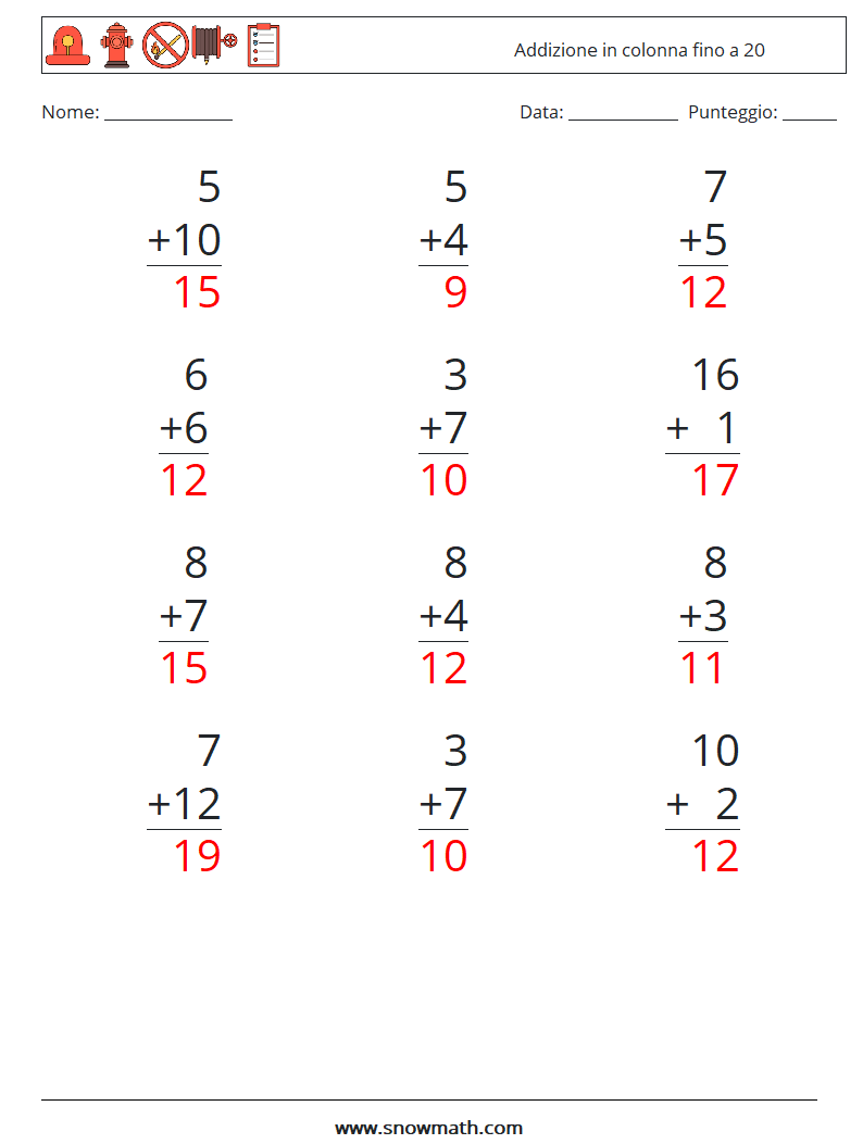 (12) Addizione in colonna fino a 20 Fogli di lavoro di matematica 15 Domanda, Risposta