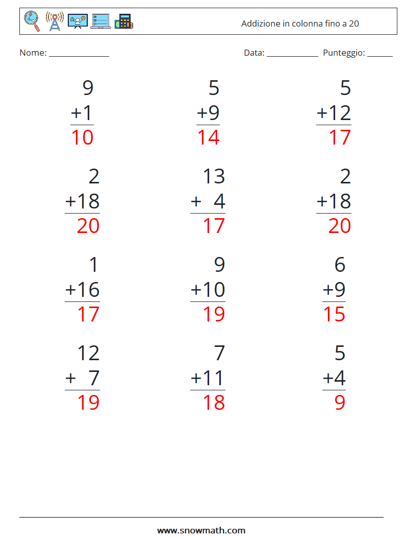 (12) Addizione in colonna fino a 20 Fogli di lavoro di matematica 3 Domanda, Risposta