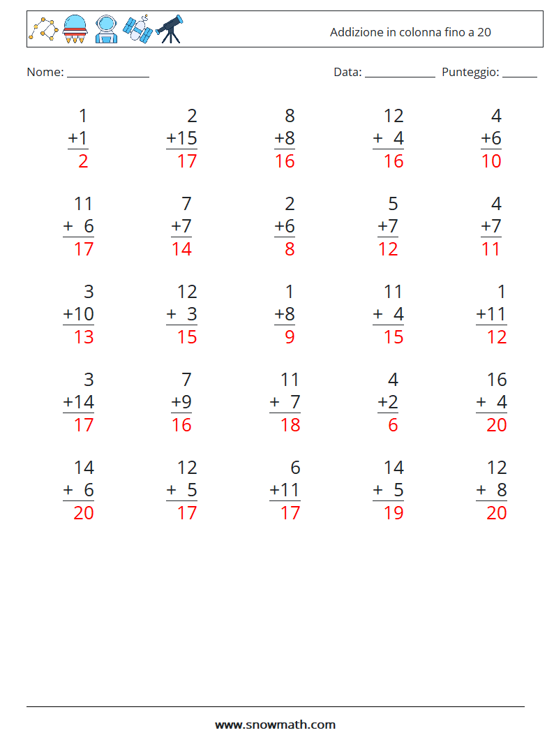 (25) Addizione in colonna fino a 20 Fogli di lavoro di matematica 10 Domanda, Risposta