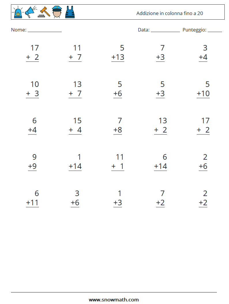 (25) Addizione in colonna fino a 20 Fogli di lavoro di matematica 11