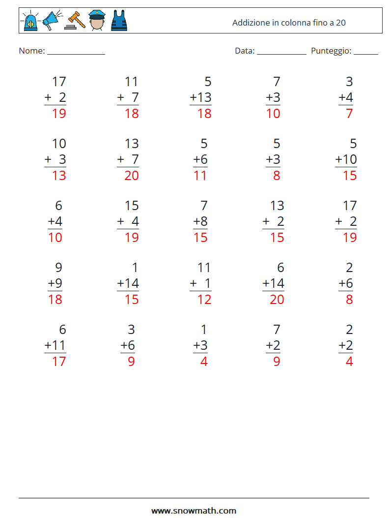 (25) Addizione in colonna fino a 20 Fogli di lavoro di matematica 11 Domanda, Risposta