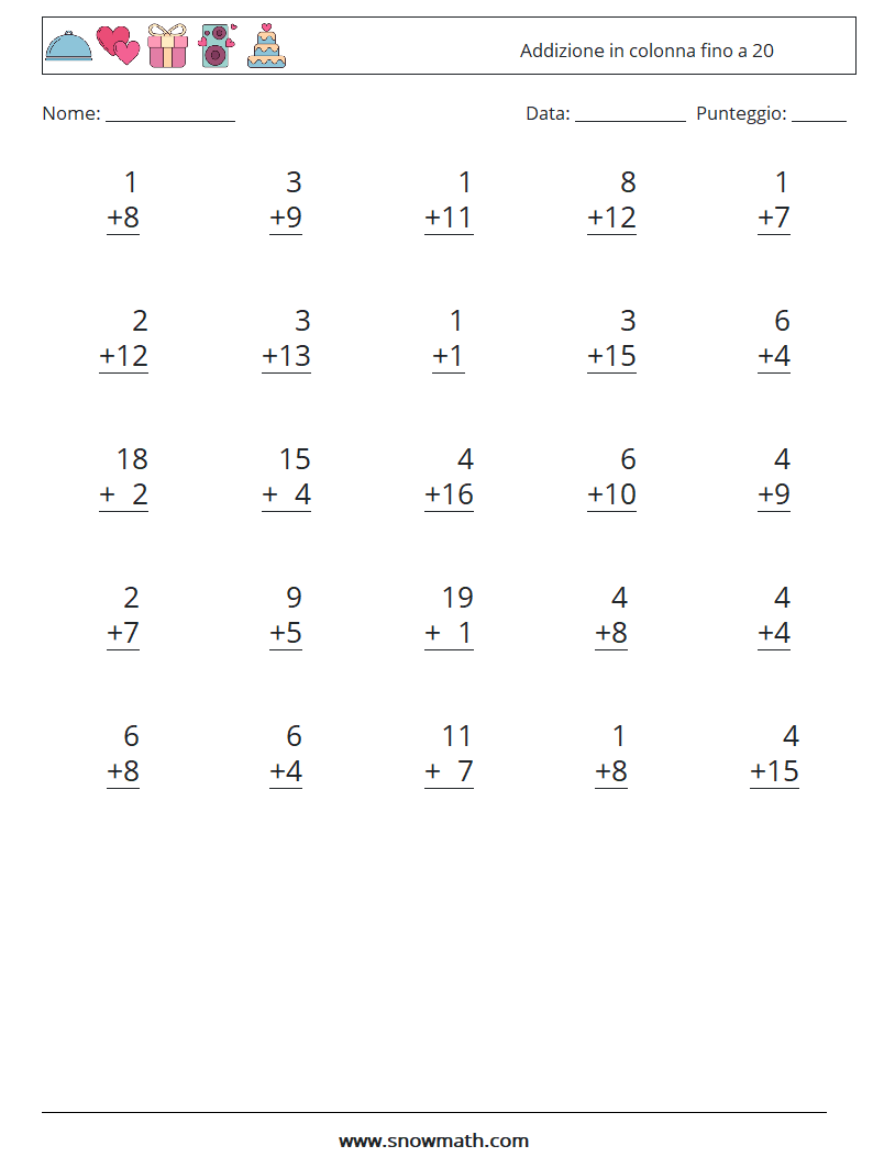 (25) Addizione in colonna fino a 20 Fogli di lavoro di matematica 12