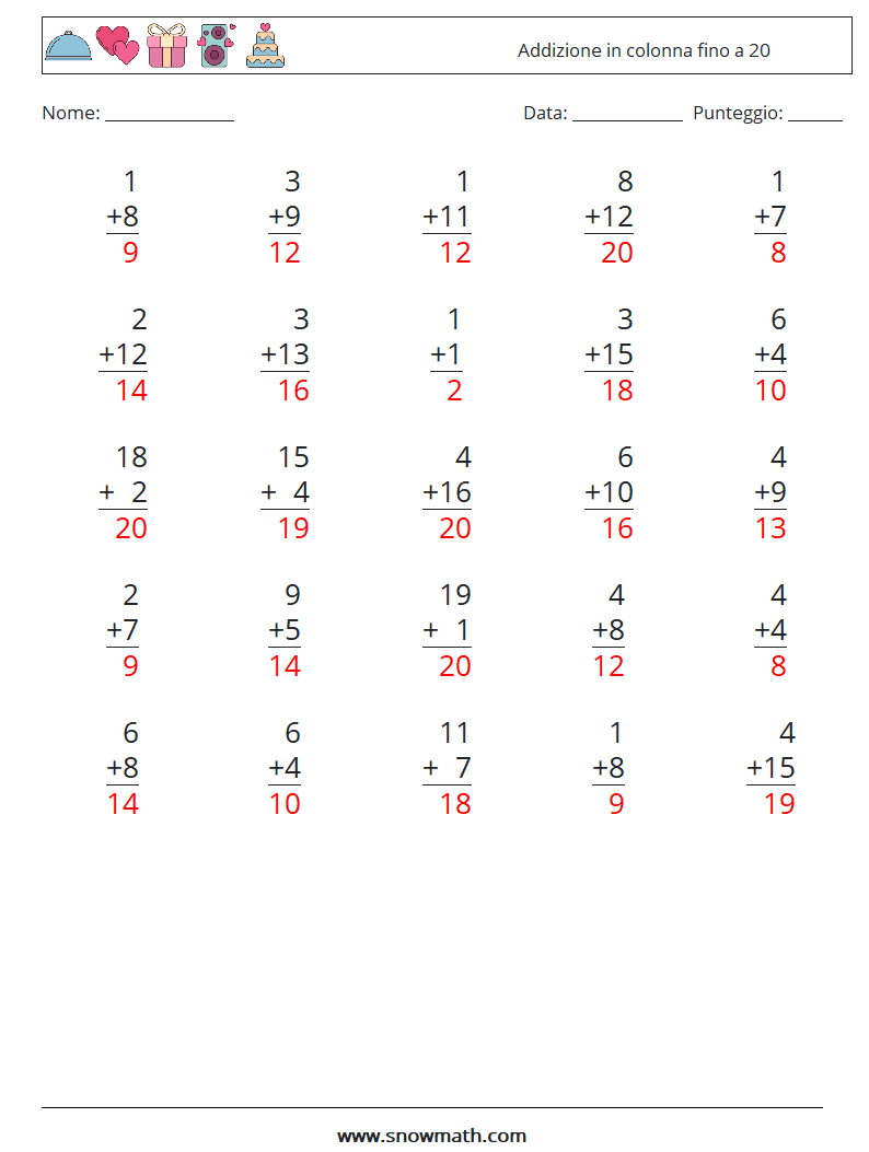 (25) Addizione in colonna fino a 20 Fogli di lavoro di matematica 12 Domanda, Risposta