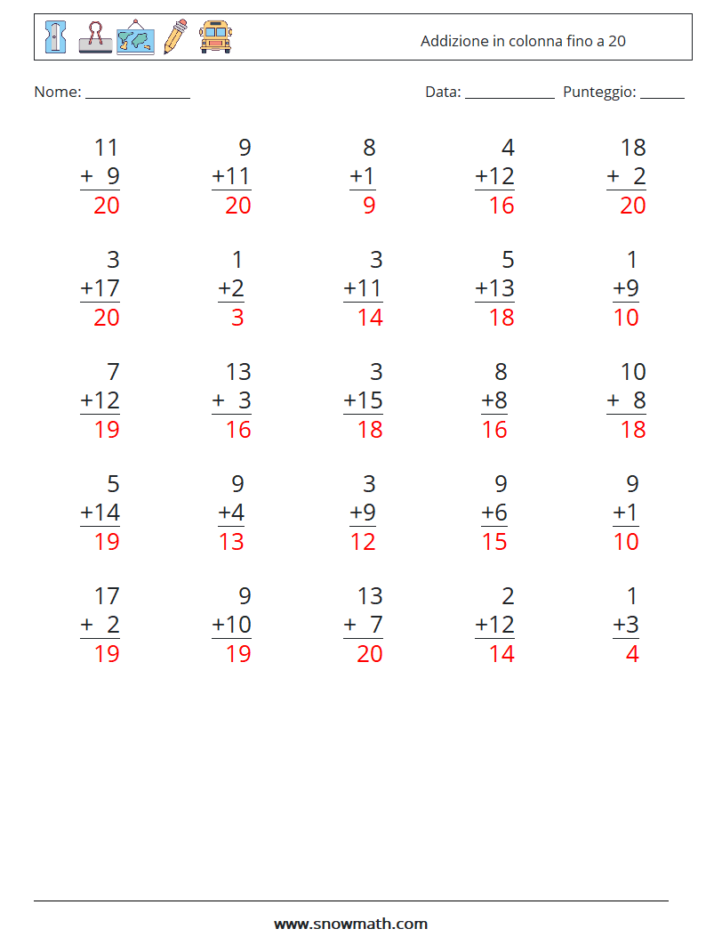 (25) Addizione in colonna fino a 20 Fogli di lavoro di matematica 13 Domanda, Risposta
