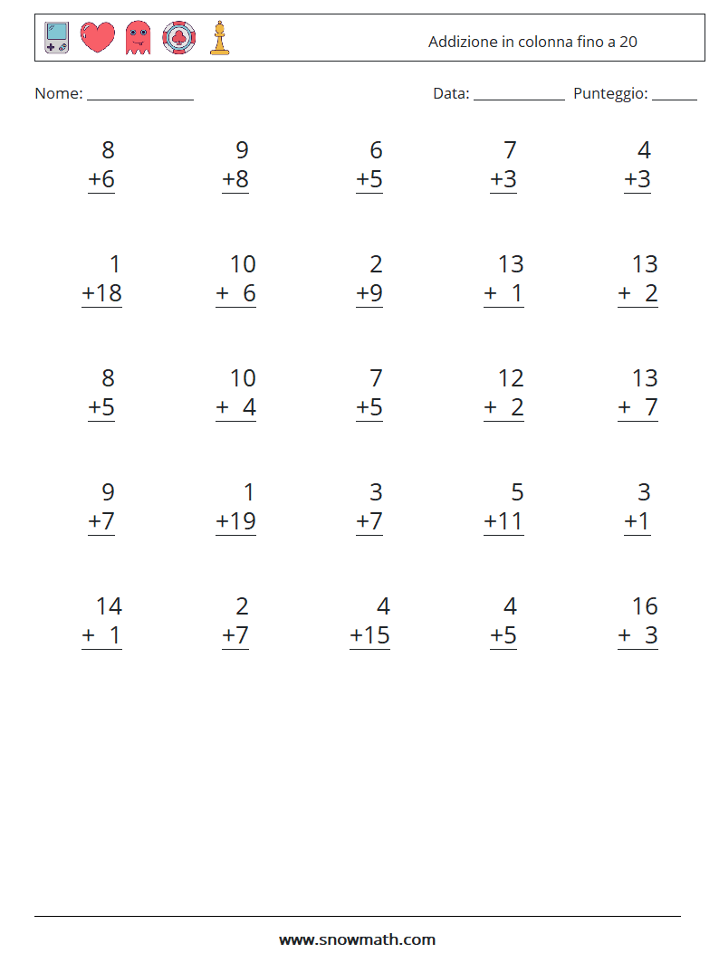 (25) Addizione in colonna fino a 20 Fogli di lavoro di matematica 14