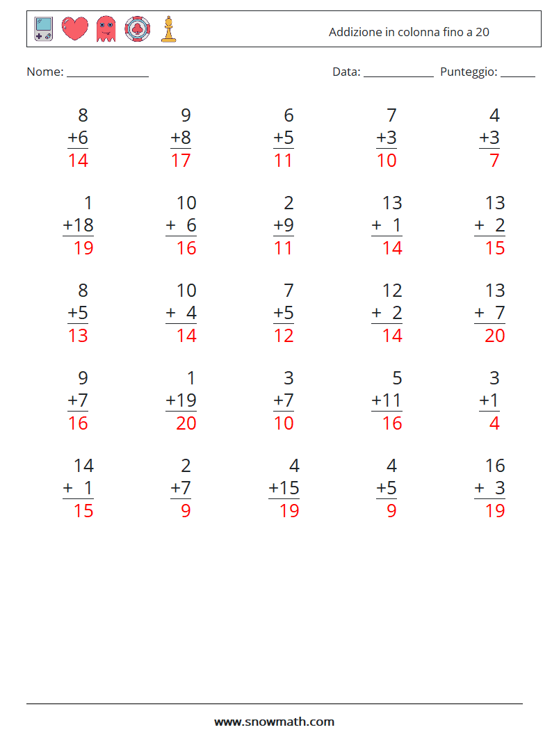 (25) Addizione in colonna fino a 20 Fogli di lavoro di matematica 14 Domanda, Risposta