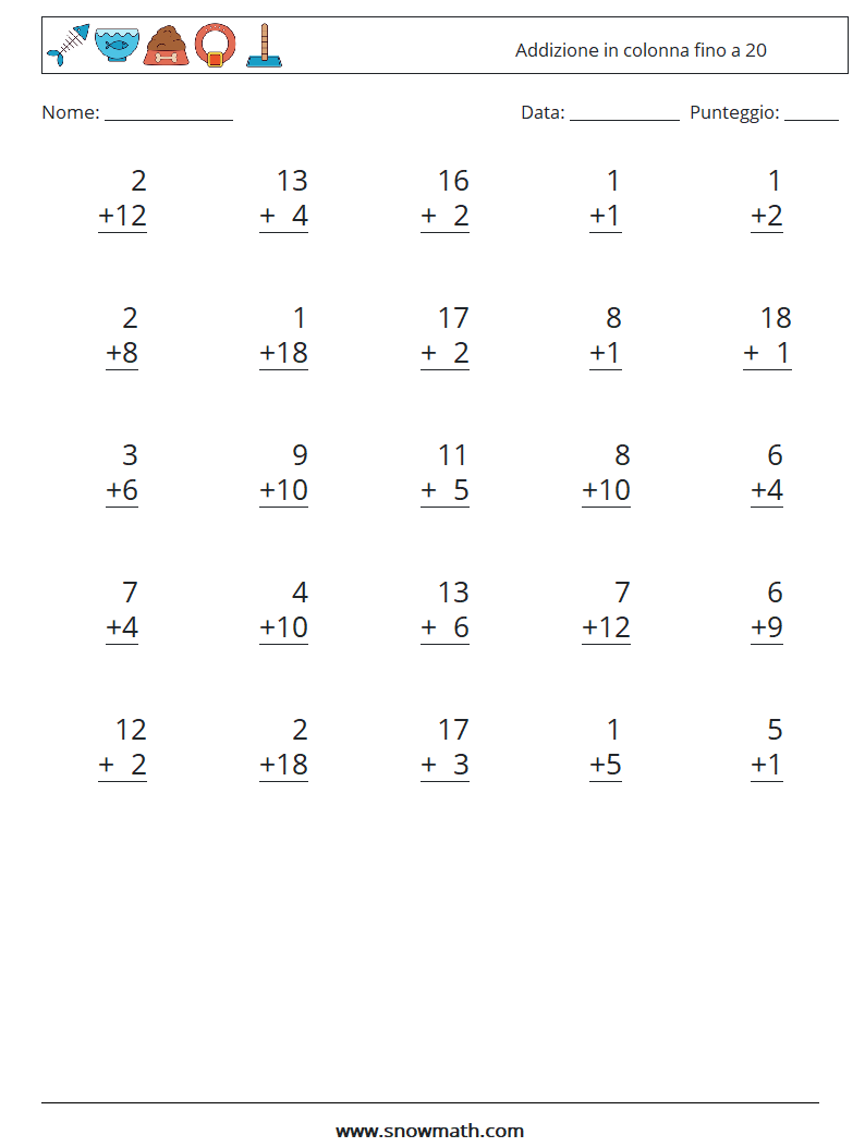 (25) Addizione in colonna fino a 20 Fogli di lavoro di matematica 15