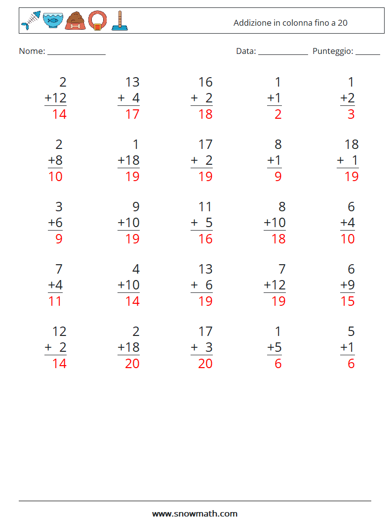 (25) Addizione in colonna fino a 20 Fogli di lavoro di matematica 15 Domanda, Risposta