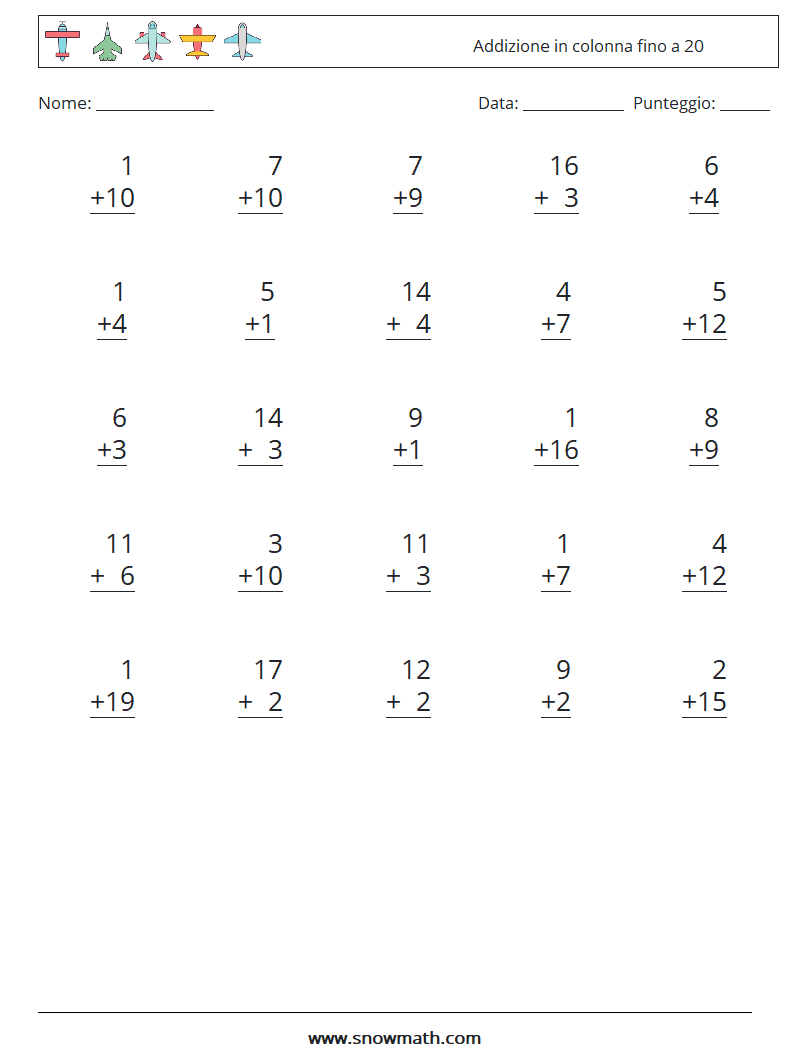 (25) Addizione in colonna fino a 20 Fogli di lavoro di matematica 16