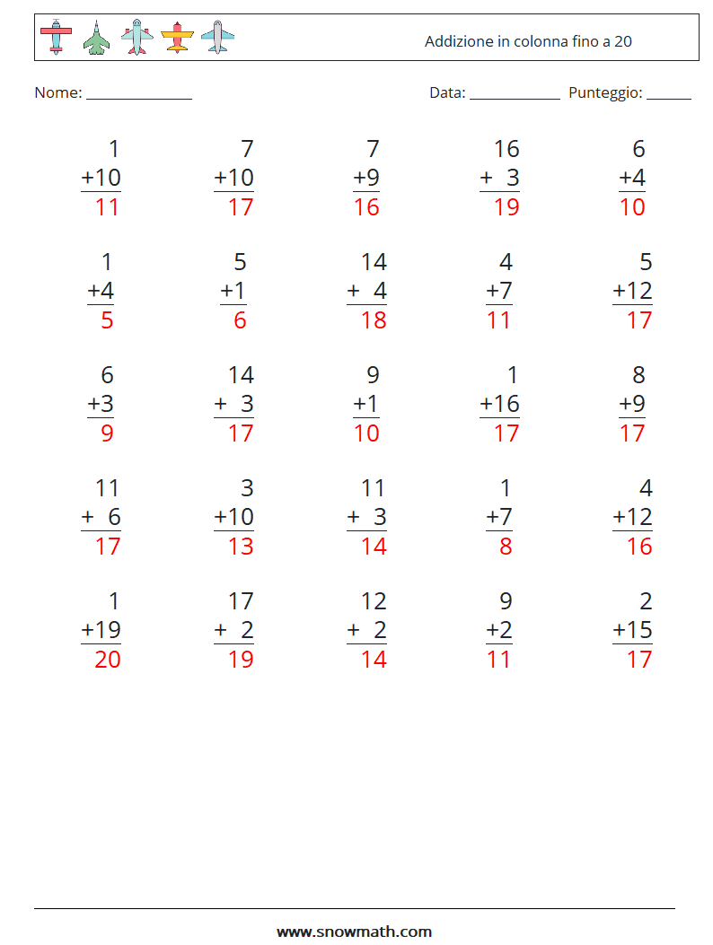 (25) Addizione in colonna fino a 20 Fogli di lavoro di matematica 16 Domanda, Risposta