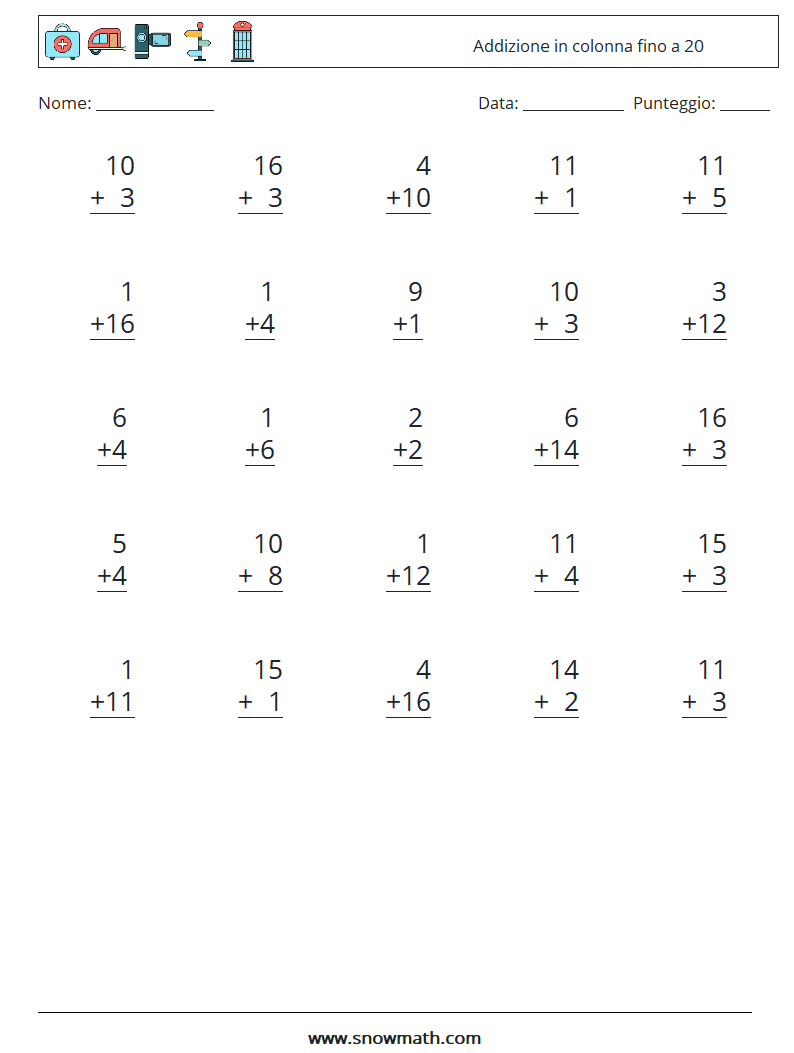 (25) Addizione in colonna fino a 20 Fogli di lavoro di matematica 17