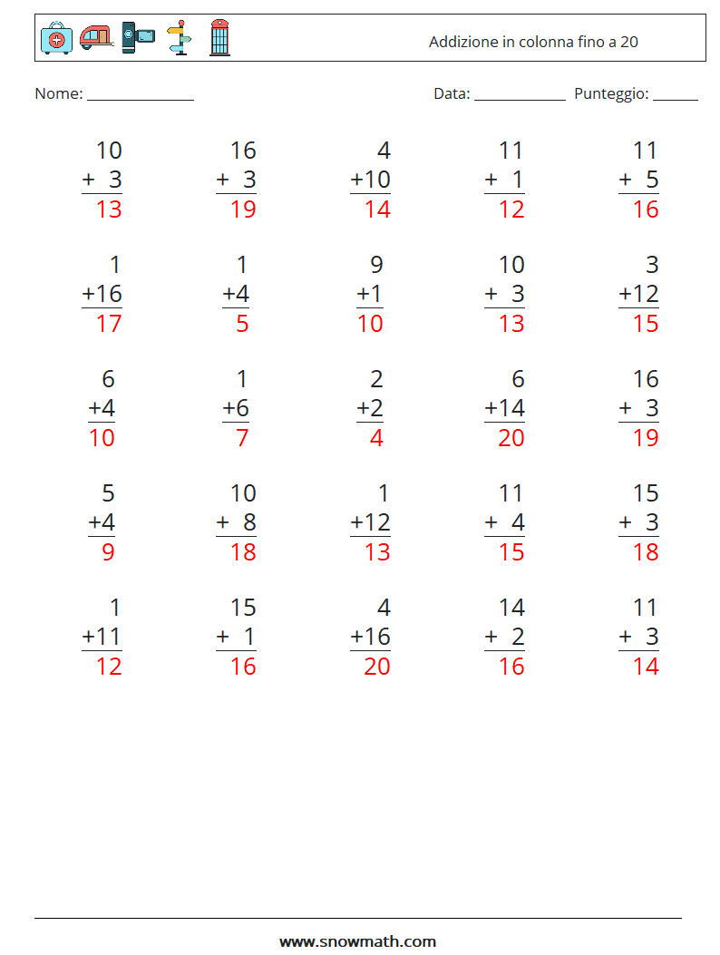 (25) Addizione in colonna fino a 20 Fogli di lavoro di matematica 17 Domanda, Risposta