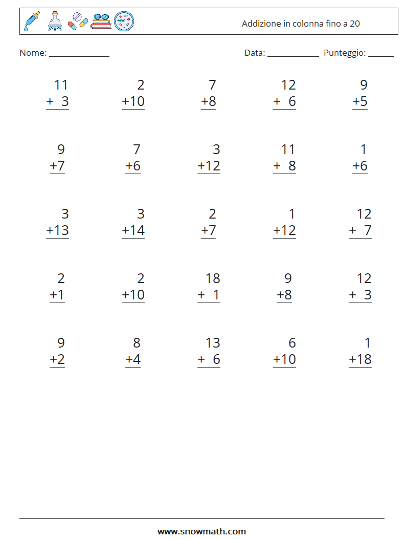 (25) Addizione in colonna fino a 20 Fogli di lavoro di matematica 18