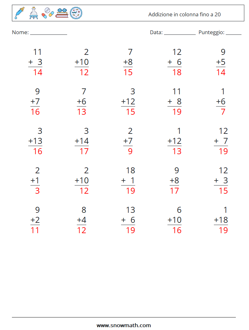 (25) Addizione in colonna fino a 20 Fogli di lavoro di matematica 18 Domanda, Risposta
