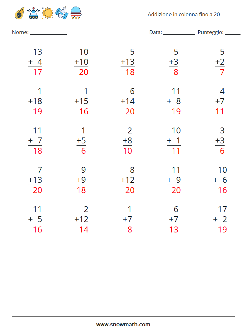 (25) Addizione in colonna fino a 20 Fogli di lavoro di matematica 2 Domanda, Risposta