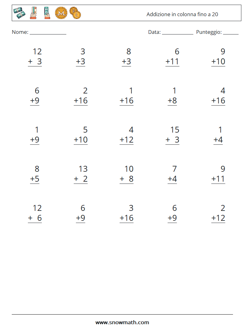 (25) Addizione in colonna fino a 20 Fogli di lavoro di matematica 3