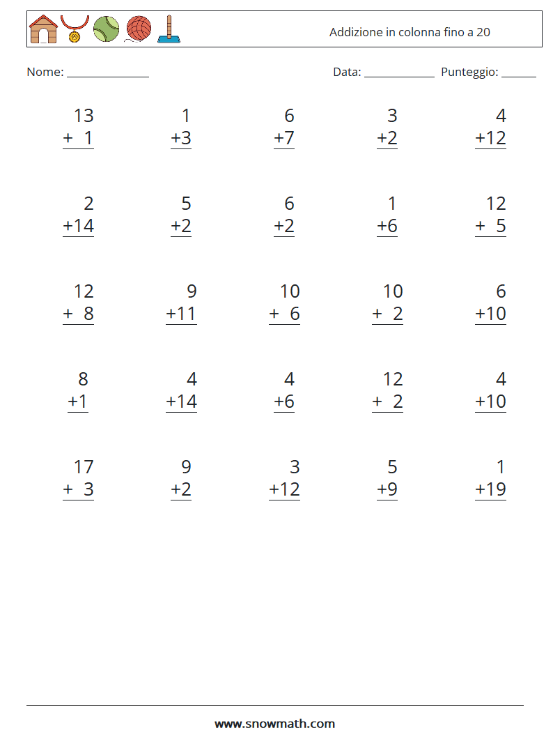 (25) Addizione in colonna fino a 20 Fogli di lavoro di matematica 4