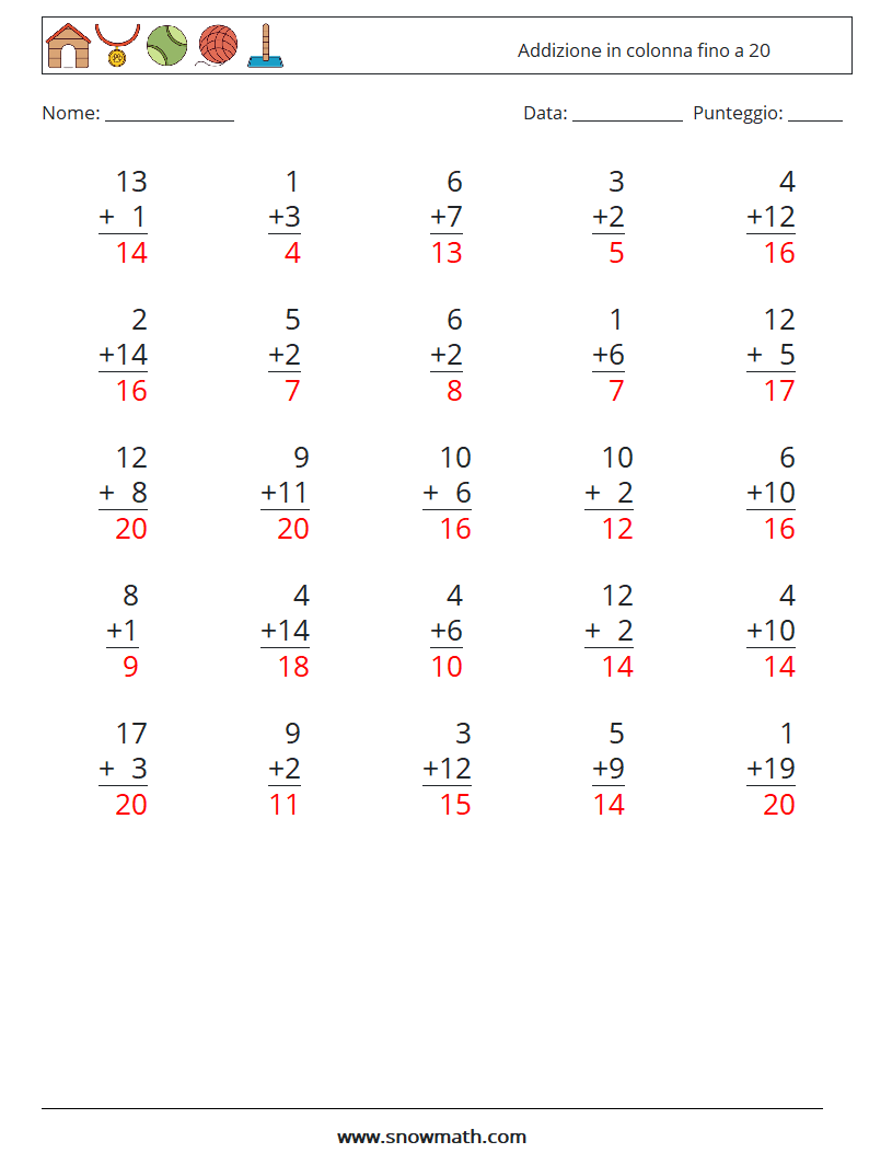 (25) Addizione in colonna fino a 20 Fogli di lavoro di matematica 4 Domanda, Risposta