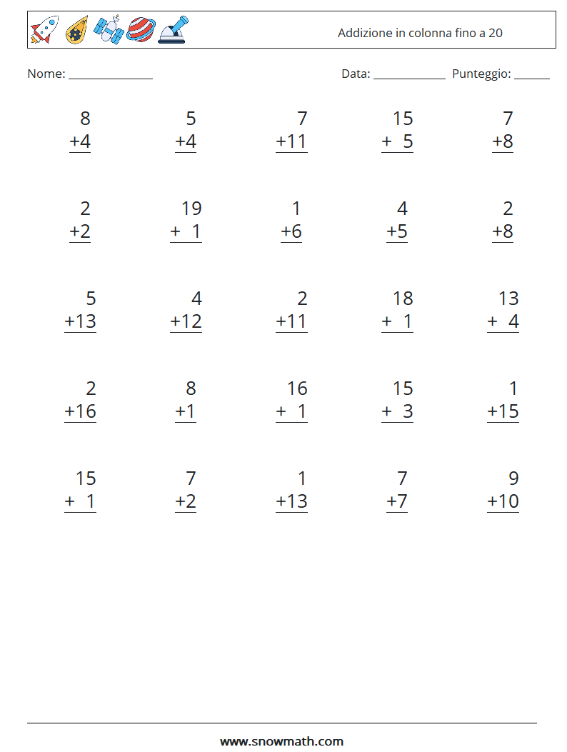 (25) Addizione in colonna fino a 20 Fogli di lavoro di matematica 5