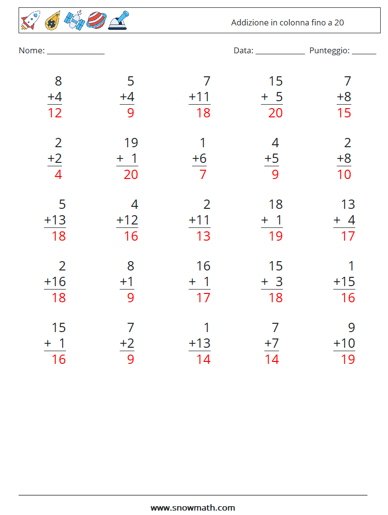 (25) Addizione in colonna fino a 20 Fogli di lavoro di matematica 5 Domanda, Risposta