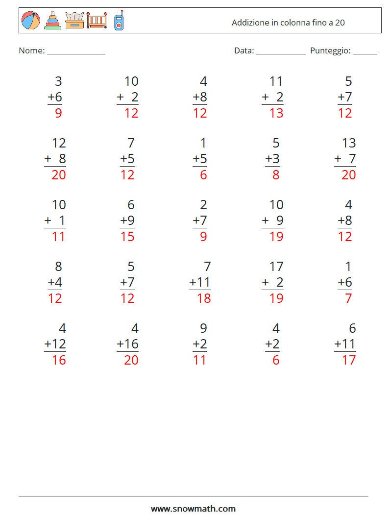 (25) Addizione in colonna fino a 20 Fogli di lavoro di matematica 6 Domanda, Risposta