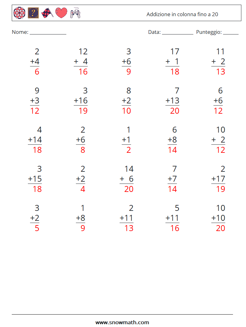 (25) Addizione in colonna fino a 20 Fogli di lavoro di matematica 7 Domanda, Risposta