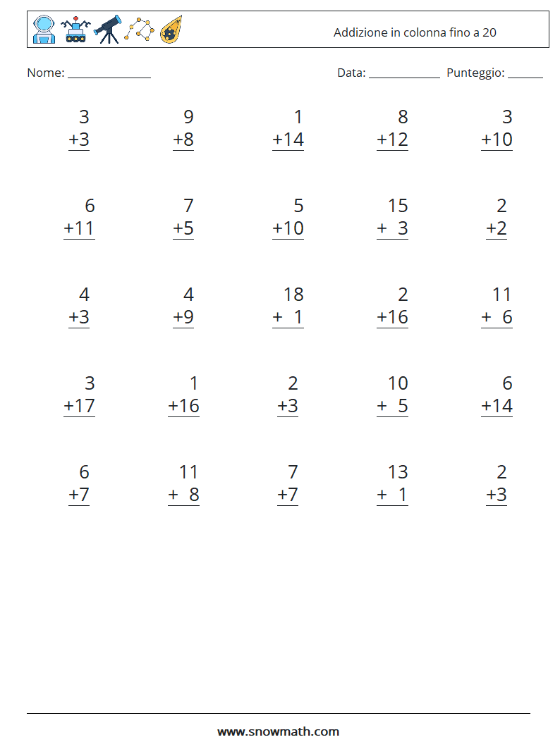 (25) Addizione in colonna fino a 20 Fogli di lavoro di matematica 8