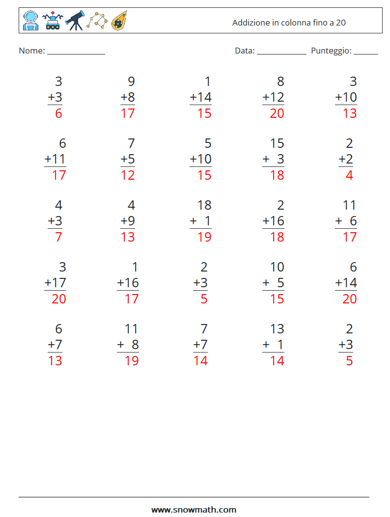 (25) Addizione in colonna fino a 20 Fogli di lavoro di matematica 8 Domanda, Risposta