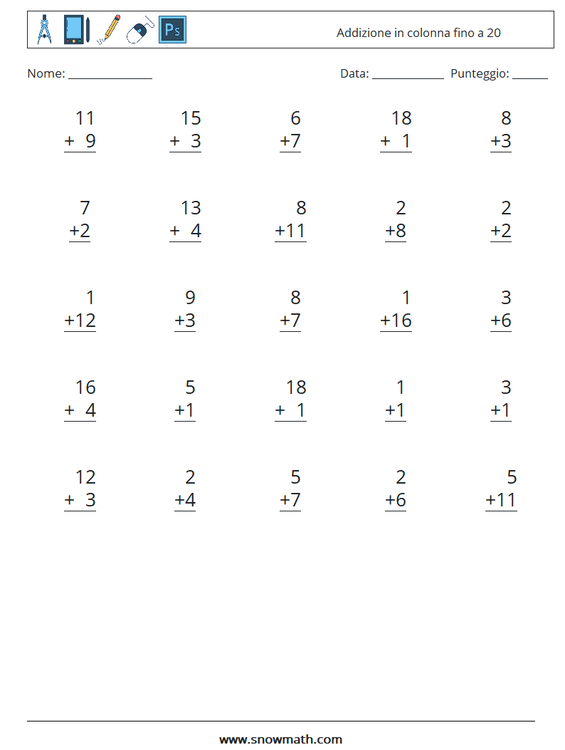 (25) Addizione in colonna fino a 20 Fogli di lavoro di matematica 9