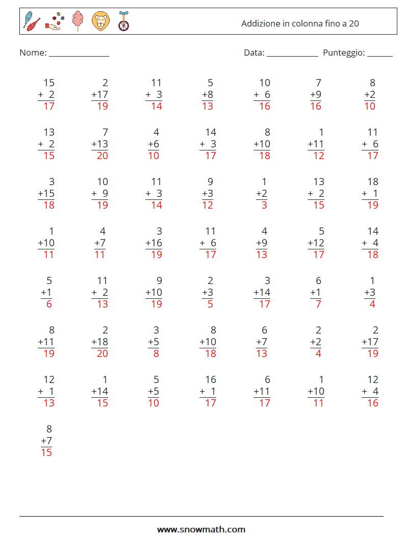 (50) Addizione in colonna fino a 20 Fogli di lavoro di matematica 10 Domanda, Risposta