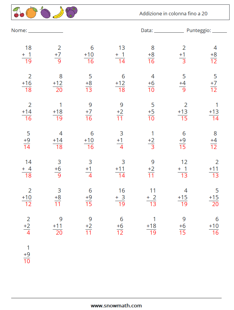 (50) Addizione in colonna fino a 20 Fogli di lavoro di matematica 11 Domanda, Risposta