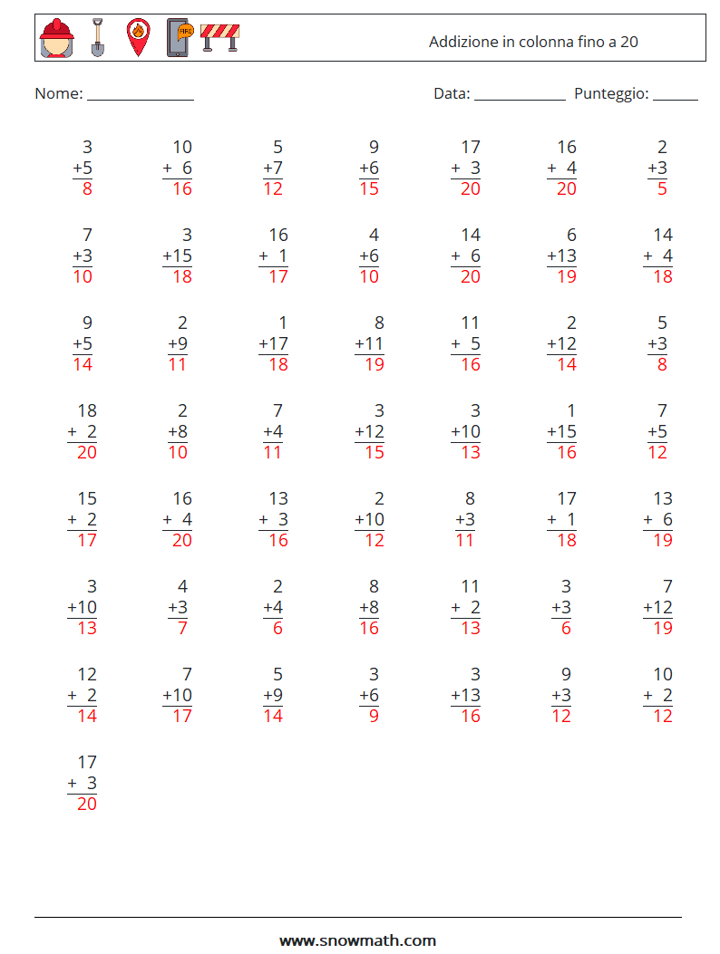 (50) Addizione in colonna fino a 20 Fogli di lavoro di matematica 12 Domanda, Risposta