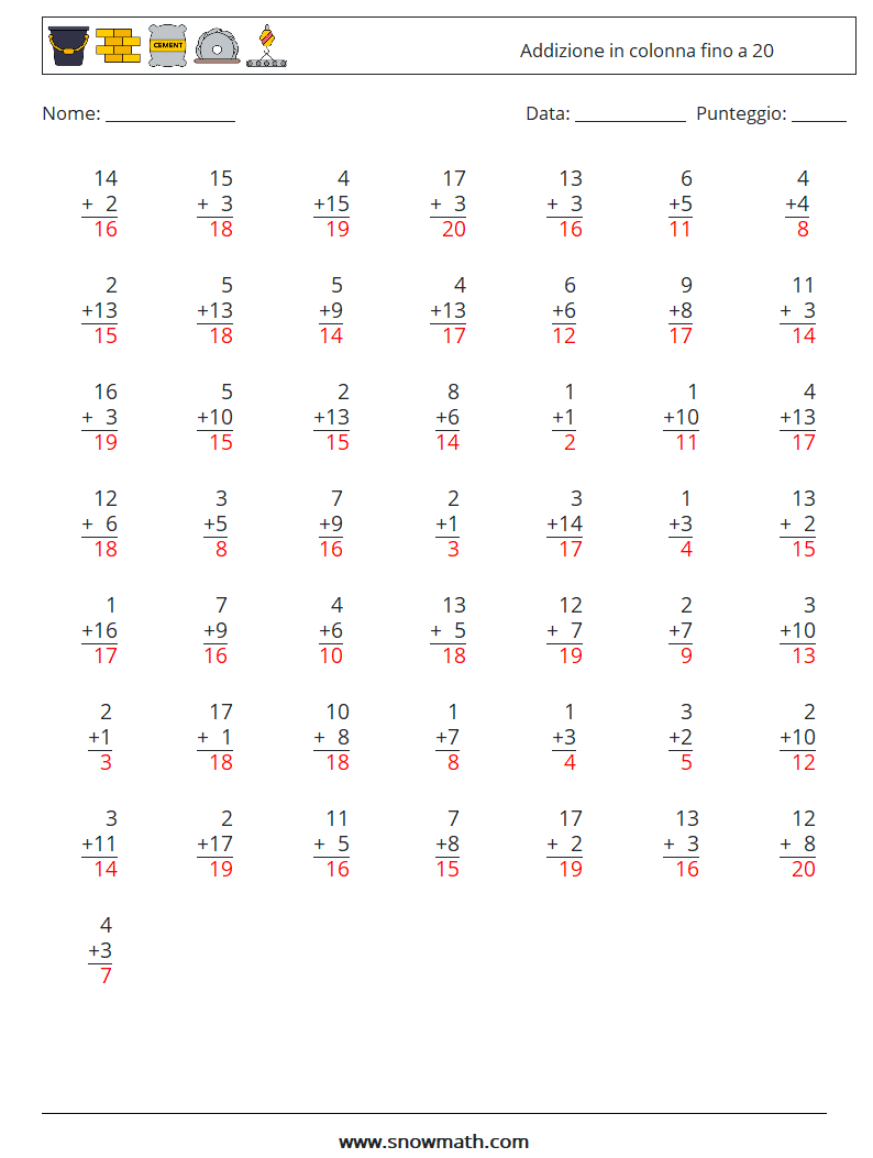 (50) Addizione in colonna fino a 20 Fogli di lavoro di matematica 13 Domanda, Risposta