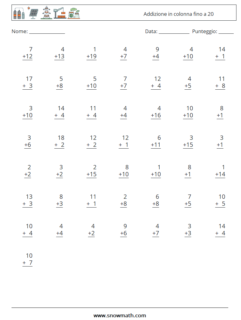 (50) Addizione in colonna fino a 20 Fogli di lavoro di matematica 14