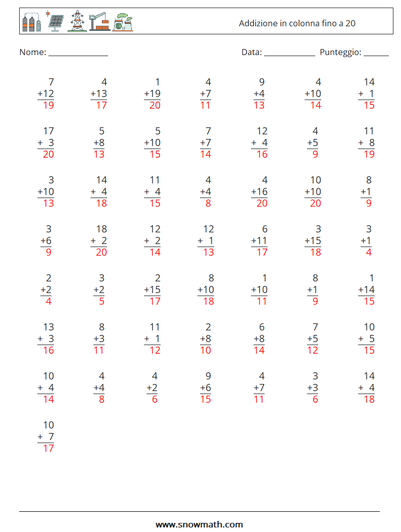 (50) Addizione in colonna fino a 20 Fogli di lavoro di matematica 14 Domanda, Risposta