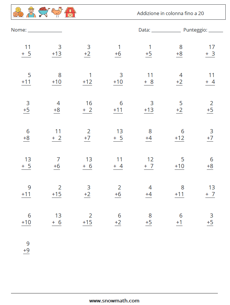 (50) Addizione in colonna fino a 20 Fogli di lavoro di matematica 15