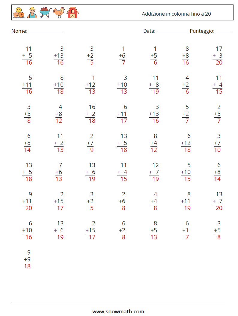 (50) Addizione in colonna fino a 20 Fogli di lavoro di matematica 15 Domanda, Risposta