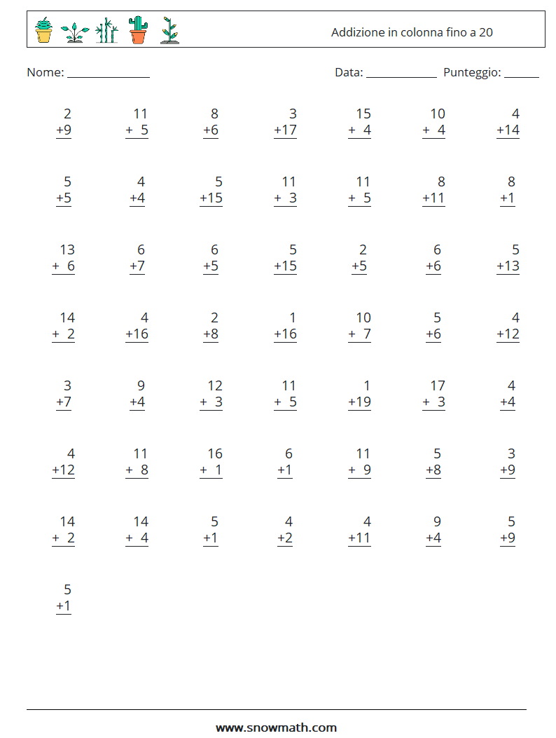 (50) Addizione in colonna fino a 20 Fogli di lavoro di matematica 16