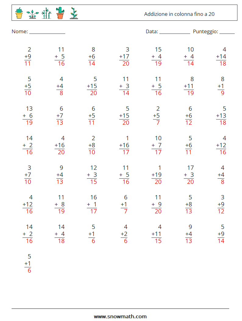 (50) Addizione in colonna fino a 20 Fogli di lavoro di matematica 16 Domanda, Risposta