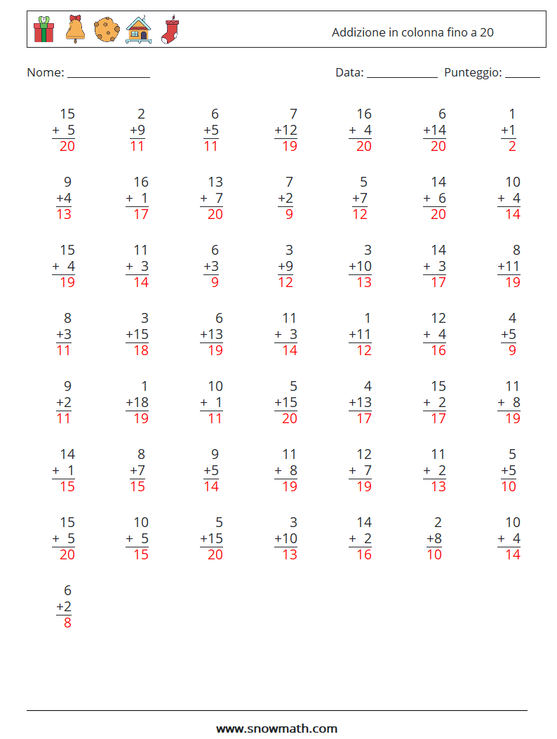 (50) Addizione in colonna fino a 20 Fogli di lavoro di matematica 17 Domanda, Risposta
