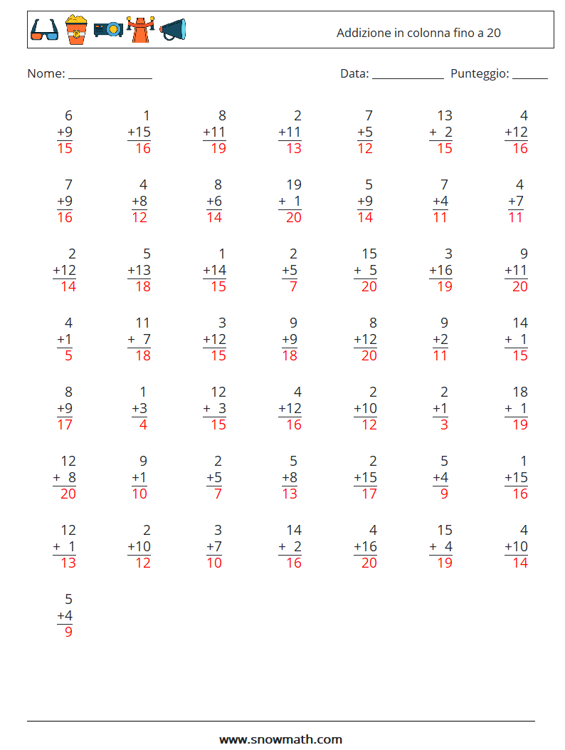(50) Addizione in colonna fino a 20 Fogli di lavoro di matematica 18 Domanda, Risposta