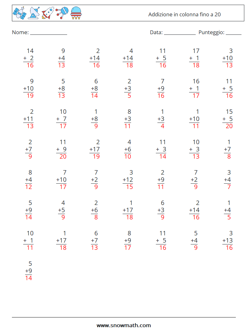 (50) Addizione in colonna fino a 20 Fogli di lavoro di matematica 1 Domanda, Risposta